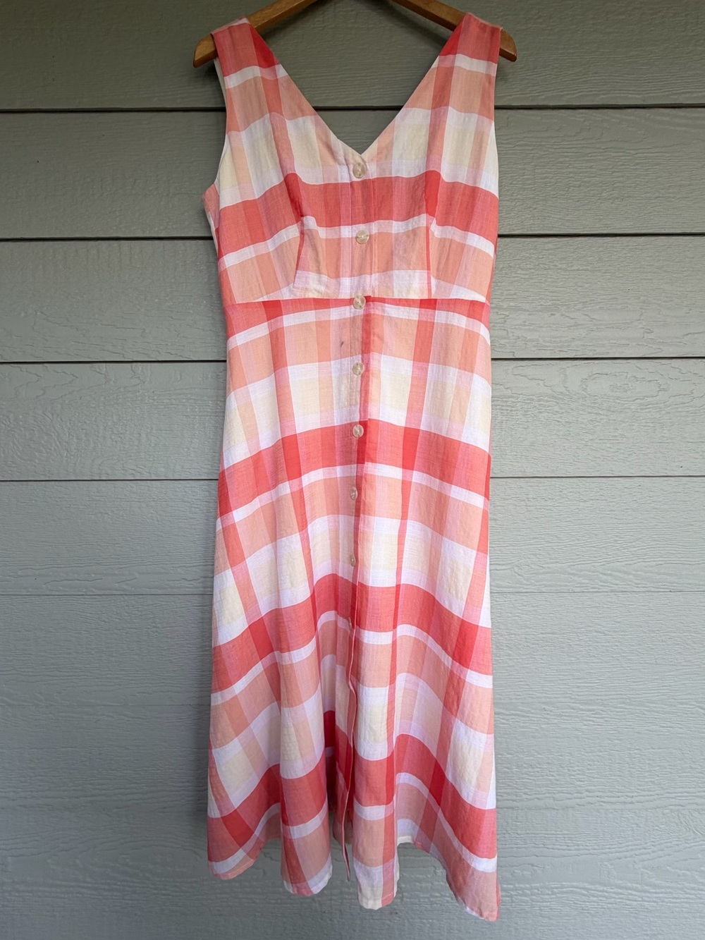 Alex Marie Coral, Cream and Peach Plaid V-Neck Button Midi Dress